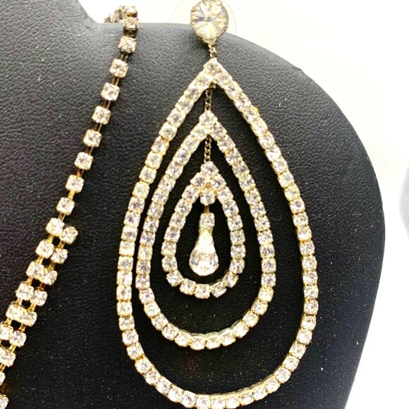 Rhinestone Bling Ripple Necklace Stud Dangle Earrings Set Oval Pendant Statement - Picture 5 of 10